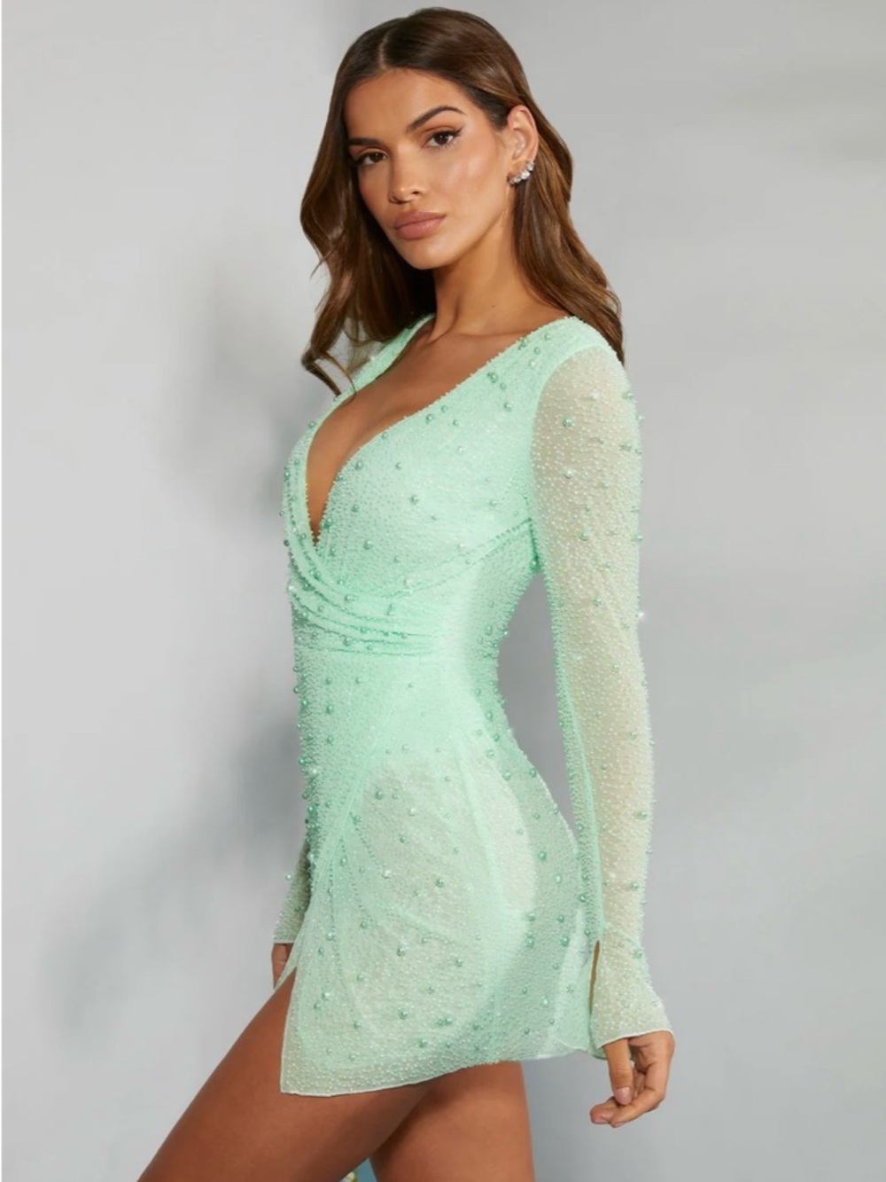 Oh Polly Mint Green Plunge Wrap Mini Dress - Picture 3 of 5